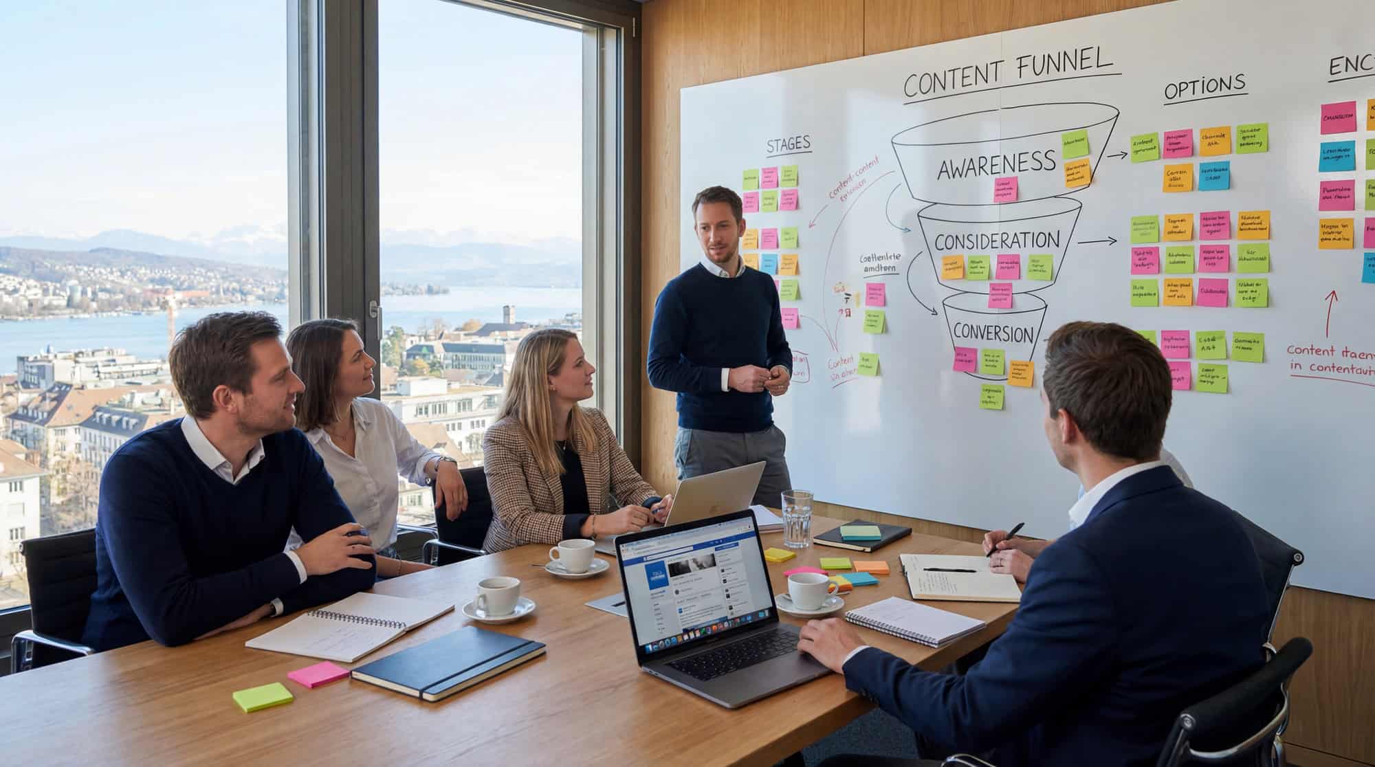Content Marketing Schweiz 1 Content Marketing Funnel auf Whiteboard bei Team-Meeting