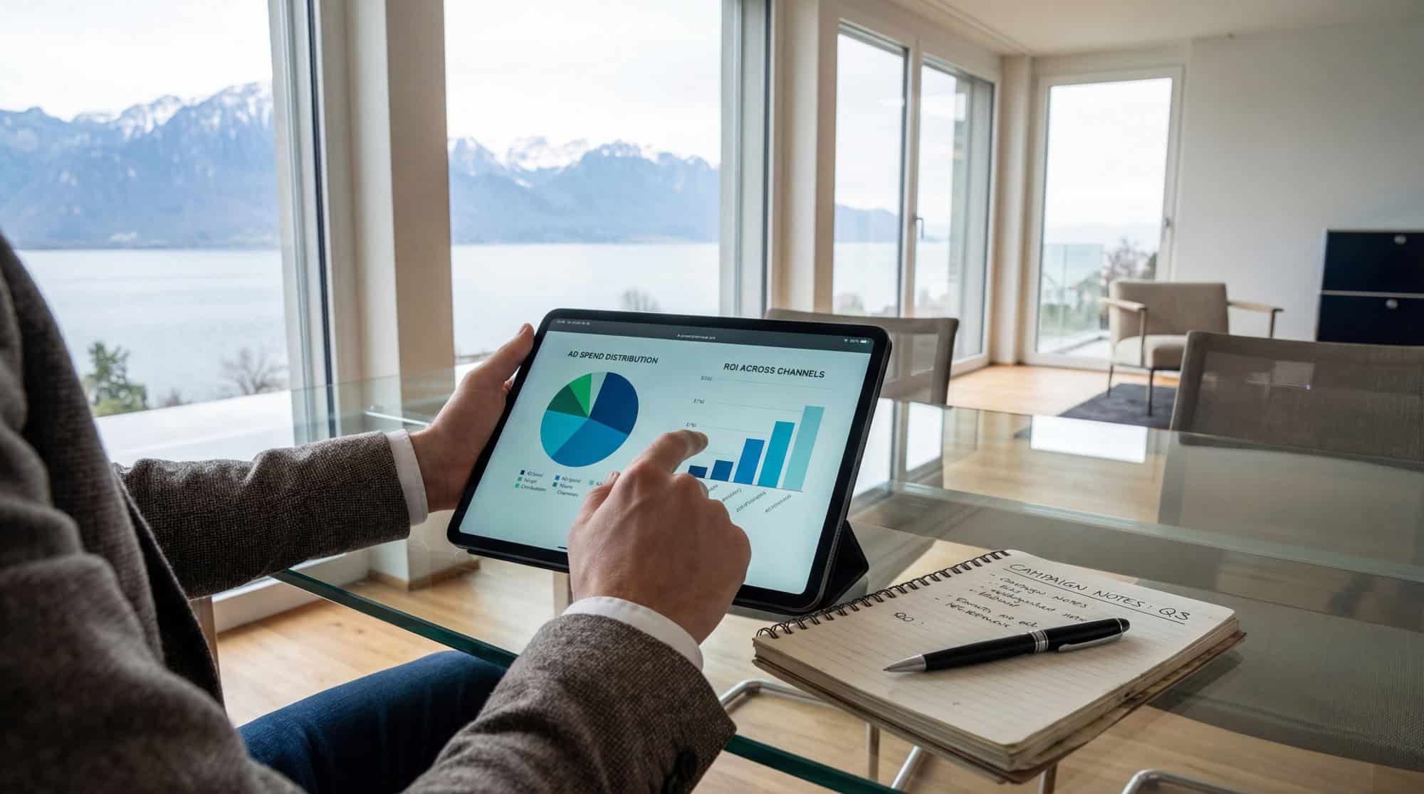 Google Ads Agentur 1 ROI-Analyse auf Tablet mit Schweizer See im Hintergrund