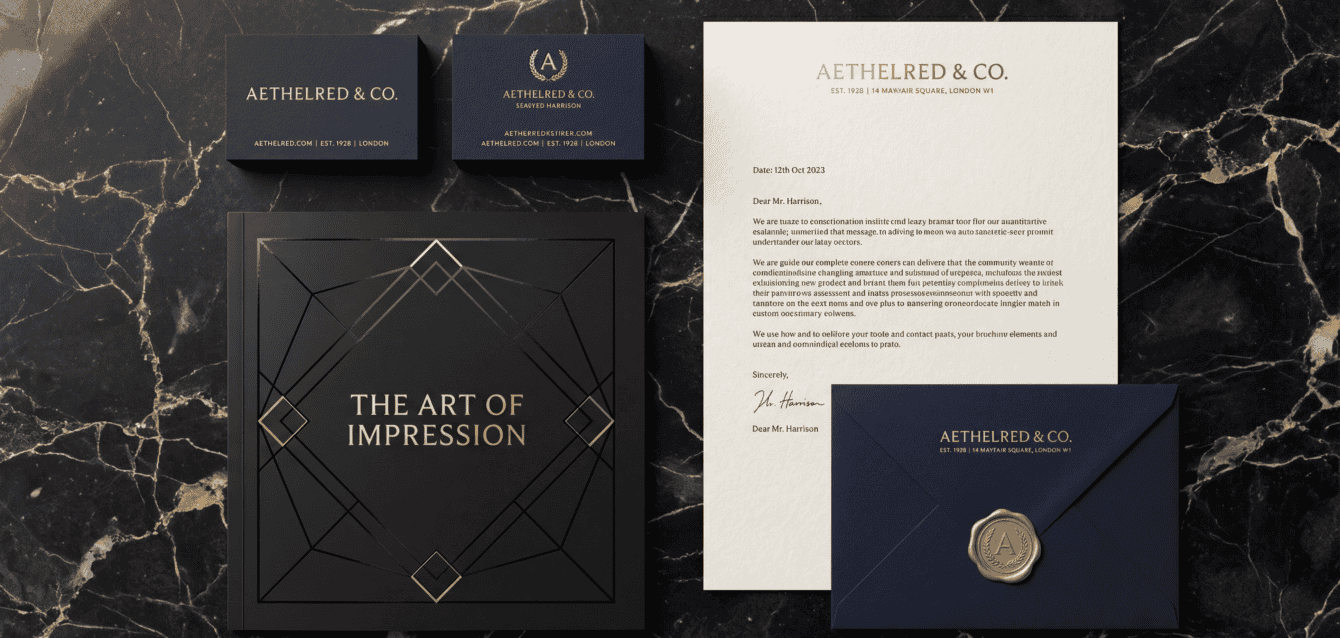 Premium Geschäftsausstattung mit edlen Visitenkarten, Briefpapier und Broschüre mit Goldprägung – professionelles Printdesign