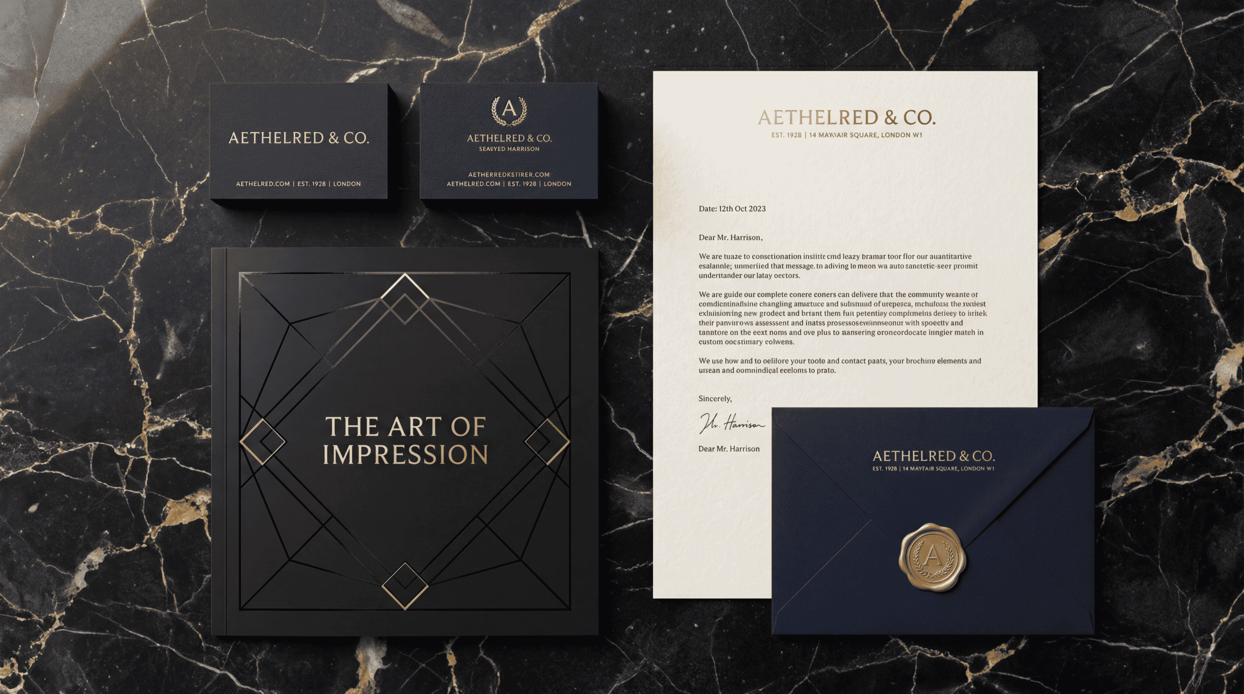 Premium Geschäftsausstattung mit edlen Visitenkarten, Briefpapier und Broschüre mit Goldprägung – professionelles Printdesign