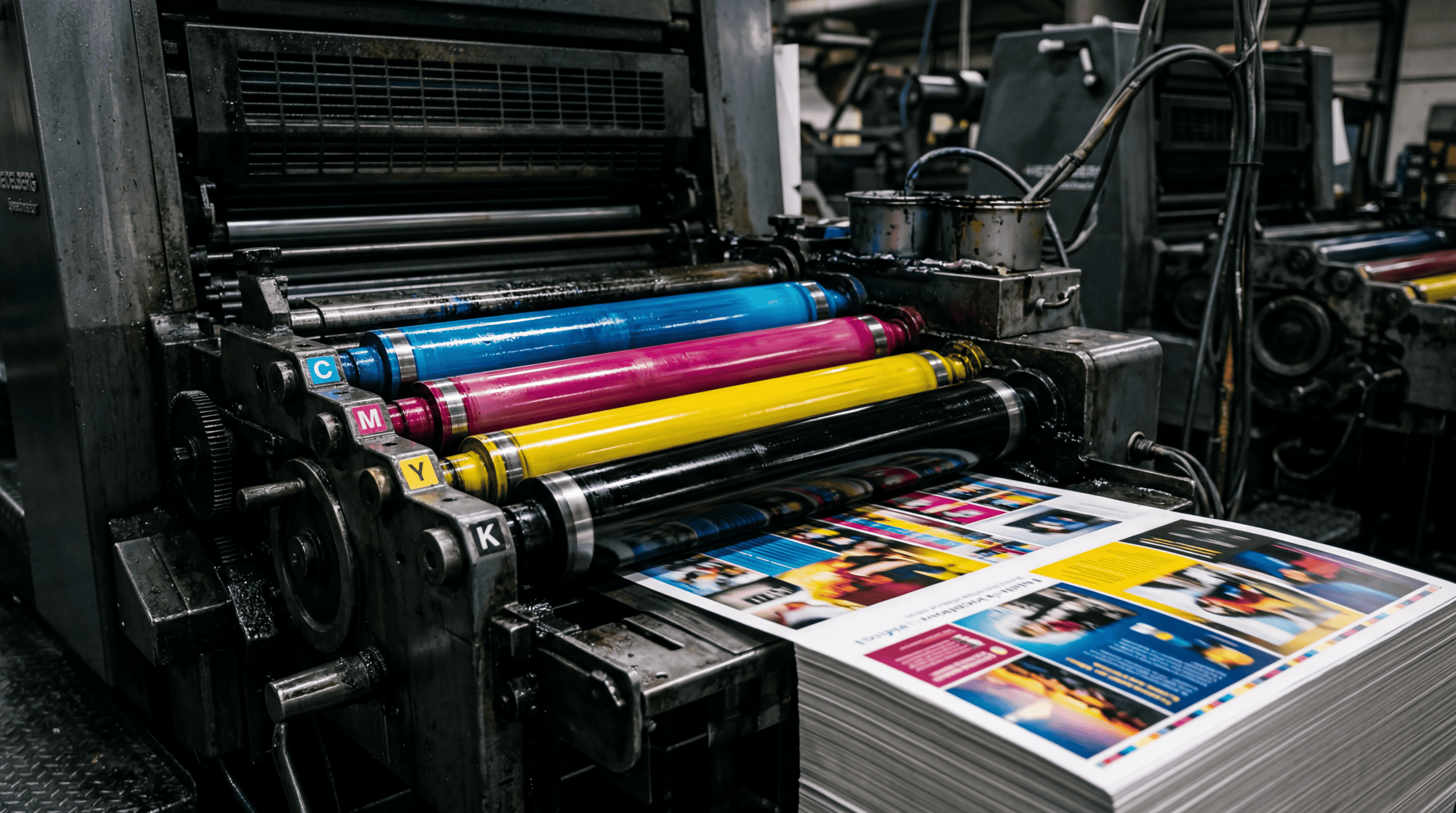 Printdesign im digitalen Zeitalter: Totgesagte leben länger 1 Professionelle CMYK-Druckmaschine mit Farbwalzen in Cyan, Magenta, Gelb und Schwarz beim Druckprozess – Printdesign Produktion