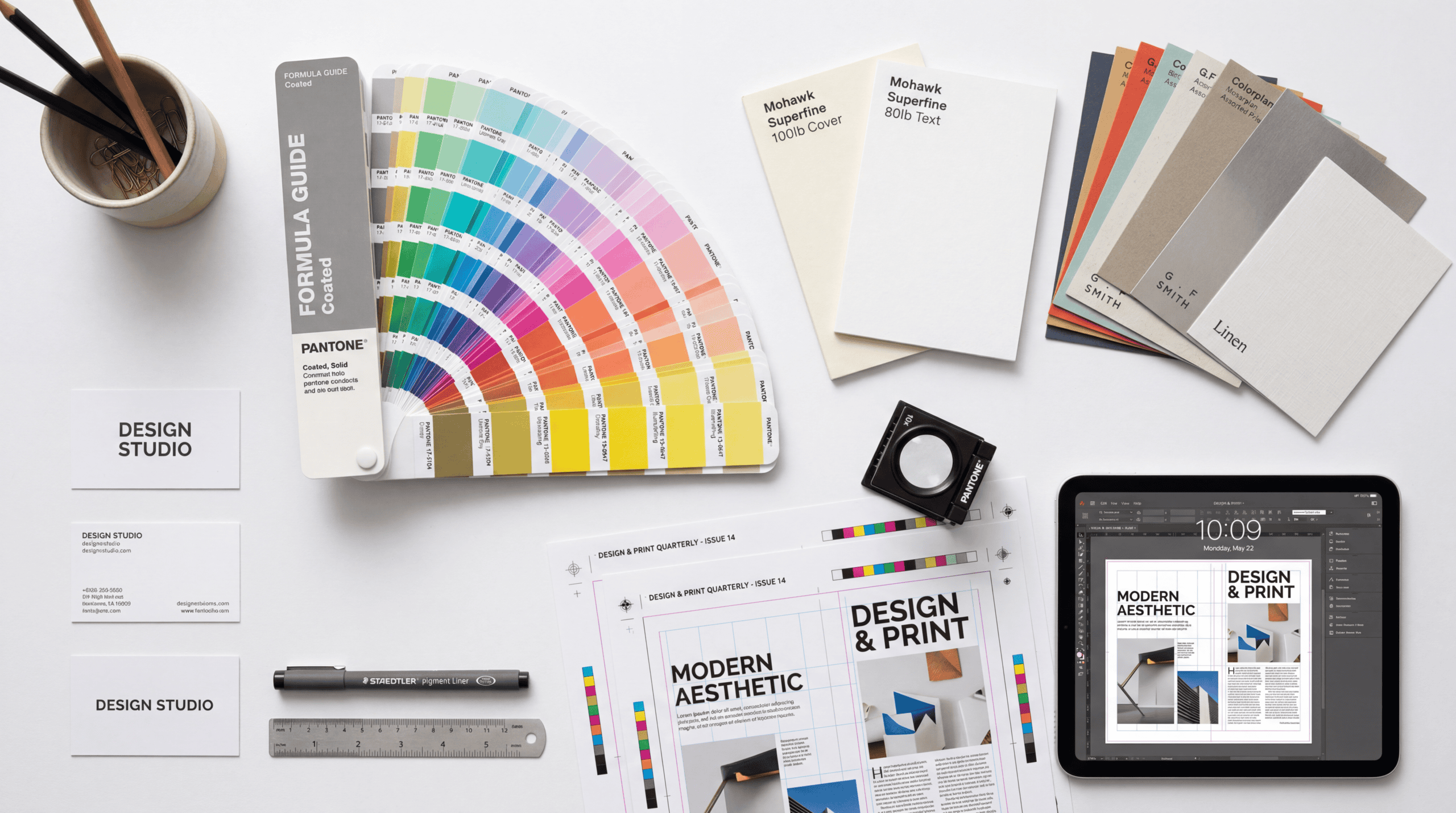 Printdesign im digitalen Zeitalter: Totgesagte leben länger 2 Printdesign Arbeitsplatz mit Pantone-Farbfächer, Papiermuster, Lupe und Tablet – kreative Werkzeuge für professionelle Druckprodukte