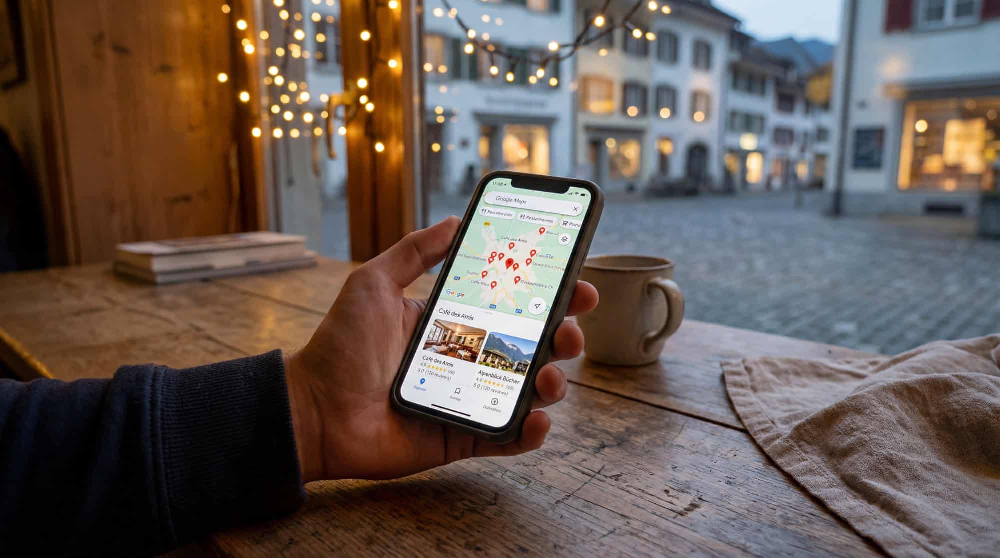 Local SEO Schweiz 2 Google Maps auf Smartphone in Schweizer Altstadt