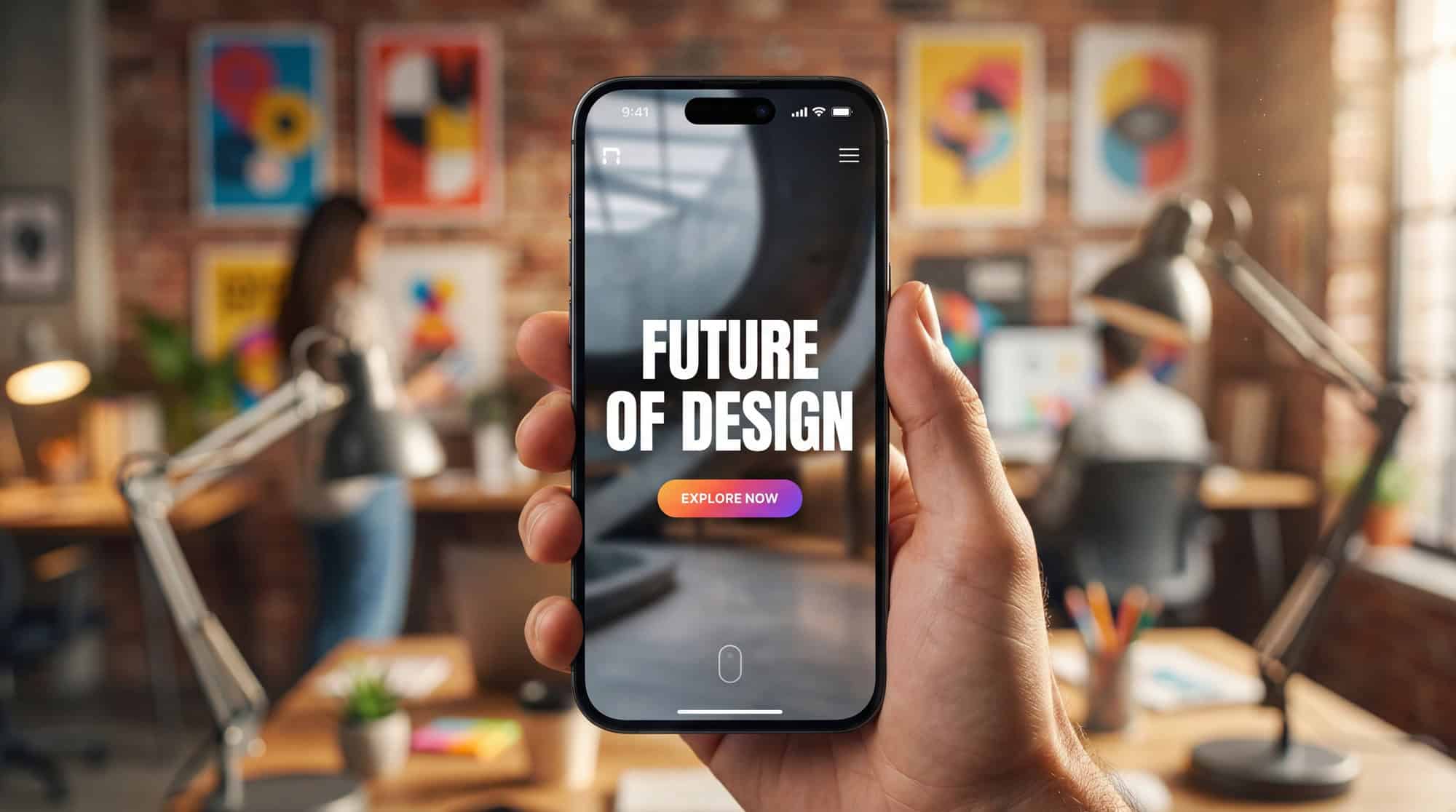 Webdesign Trends 2025 1 iPhone mit Future of Design in warmem Agentur-Setting