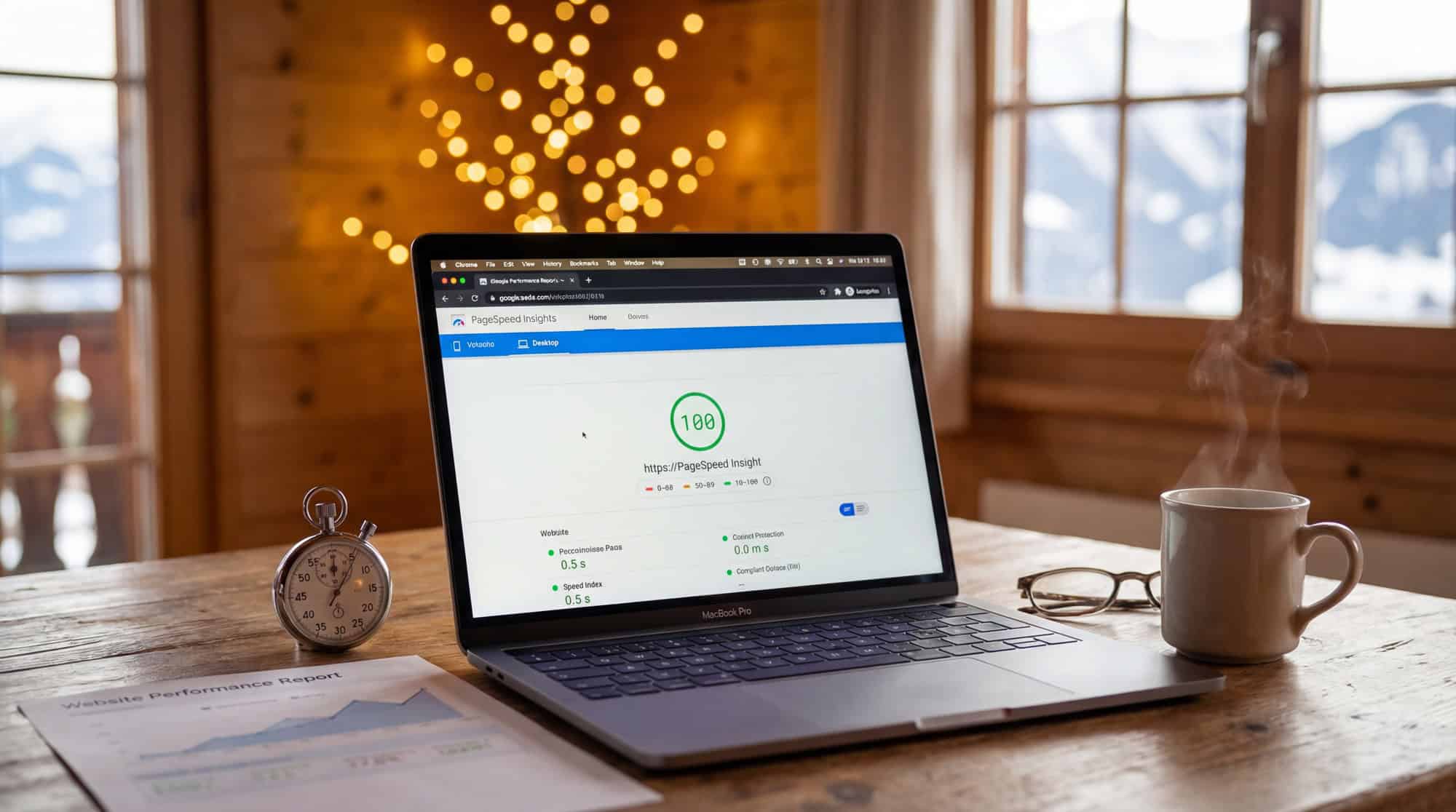Webdesign Trends 2025 2 PageSpeed Insights Score 100 mit warmer Bokeh-Beleuchtung