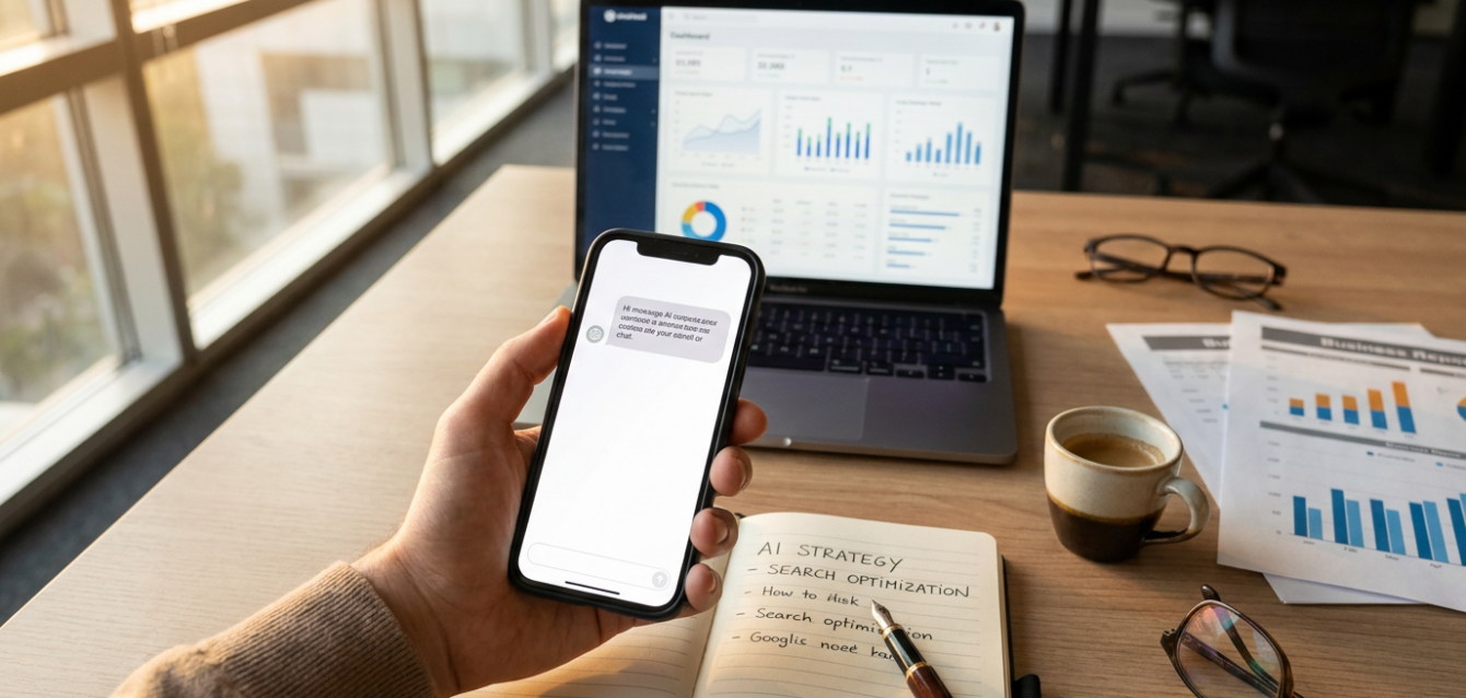 AI Overviews GEO Flatlay Person mit Smartphone und MacBook prüft AI-Suchergebnisse mit Analytics-Dashboard im Hintergrund, moderner Schweizer Arbeitsplatz