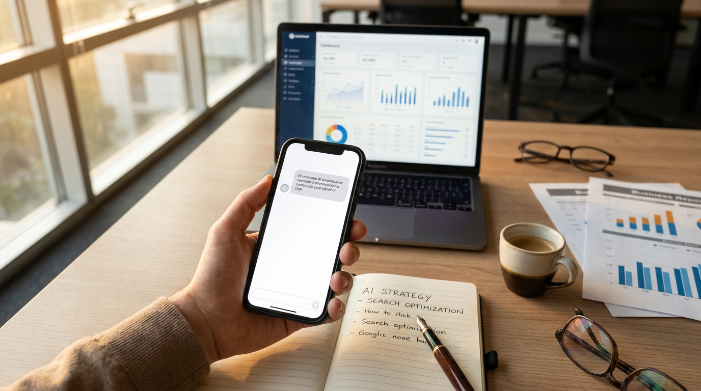 Person mit Smartphone und MacBook prüft AI-Suchergebnisse mit Analytics-Dashboard im Hintergrund, moderner Schweizer Arbeitsplatz