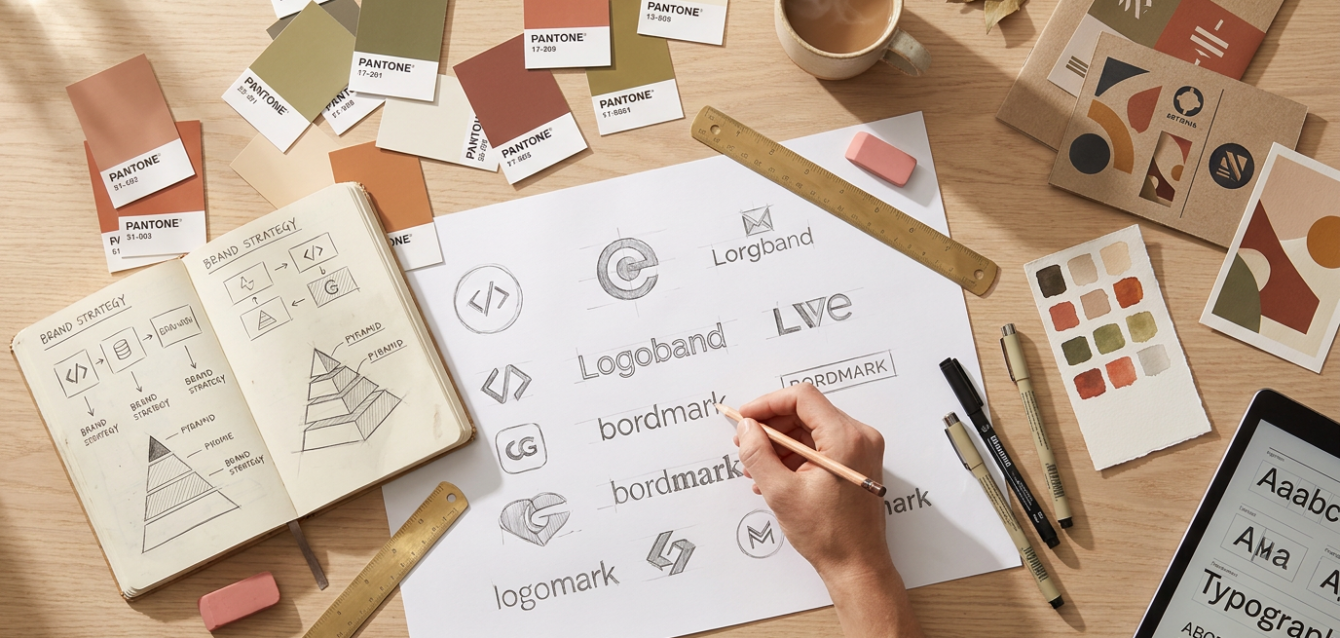 Branding Schweiz 2026 Flatlay Schreibtisch eines Branding-Designers mit Logo-Skizzen, Farbpaletten, Pantone-Karten und Notizbuch im Branding-Prozess