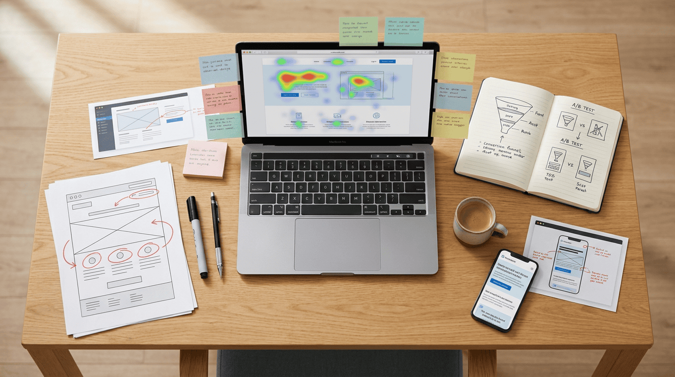 UX-Designer-Schreibtisch mit MacBook, Sticky-Notes und Wireframes für Conversion-Analyse