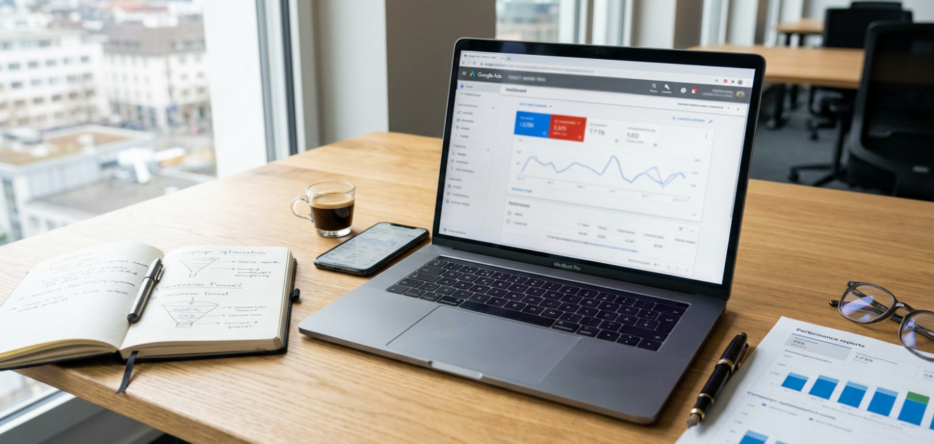 Google Ads KI 2026 Hero Marketing-Workspace mit MacBook und Google Ads Dashboard, Schweizer Business-Setting