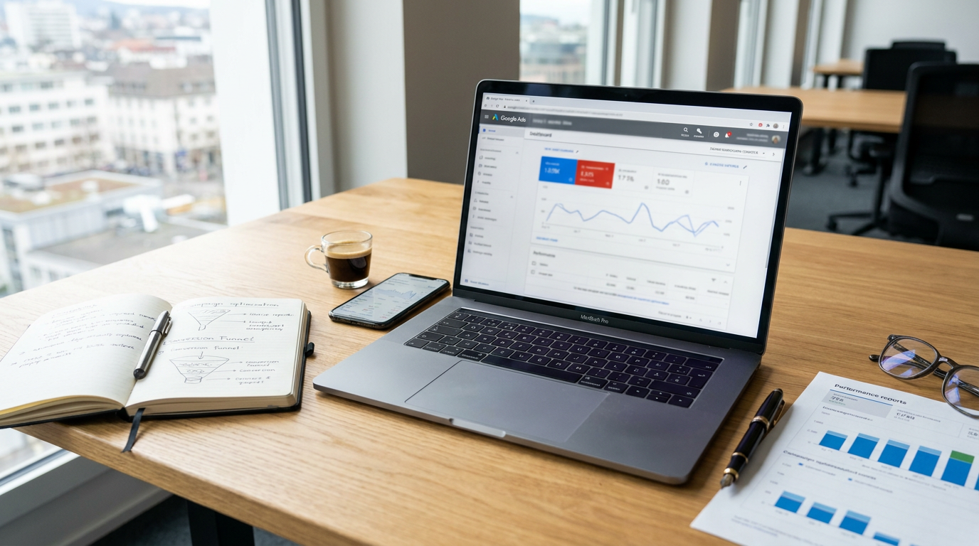 Marketing-Workspace mit MacBook und Google Ads Dashboard, Schweizer Business-Setting