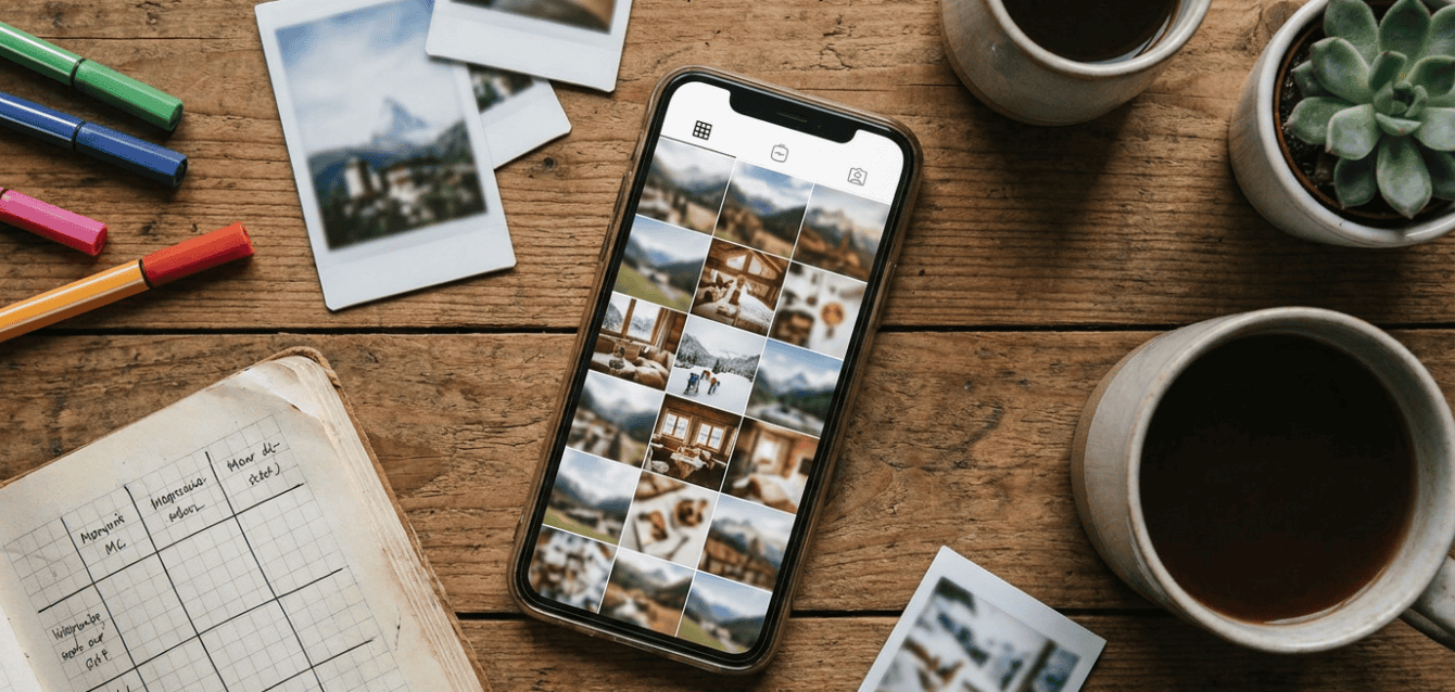 Instagram Marketing für lokale Schweizer KMU 2026: Strategie, Content, Werbung Hero Schweizer Social-Media-Manager-Schreibtisch mit Smartphone und Instagram-Feed