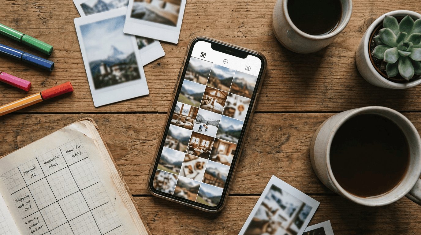 Schweizer Social-Media-Manager-Schreibtisch mit Smartphone und Instagram-Feed