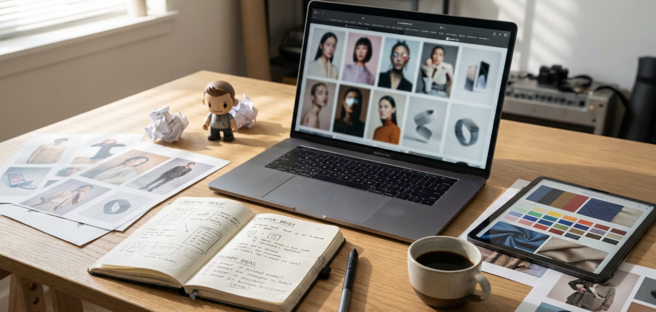 KI-Avatare Bildgenerierung 2026 Designer-Studio mit MacBook und KI-generierten Bildern, kreativer Arbeitsplatz