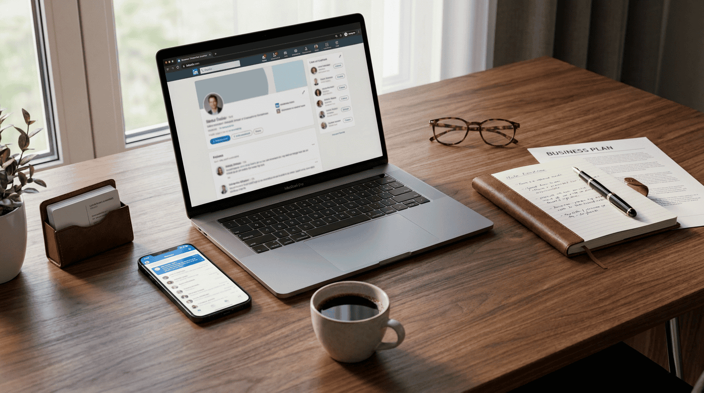 Business-Workspace mit MacBook und LinkedIn-Feed, Schweizer Professional-Setting