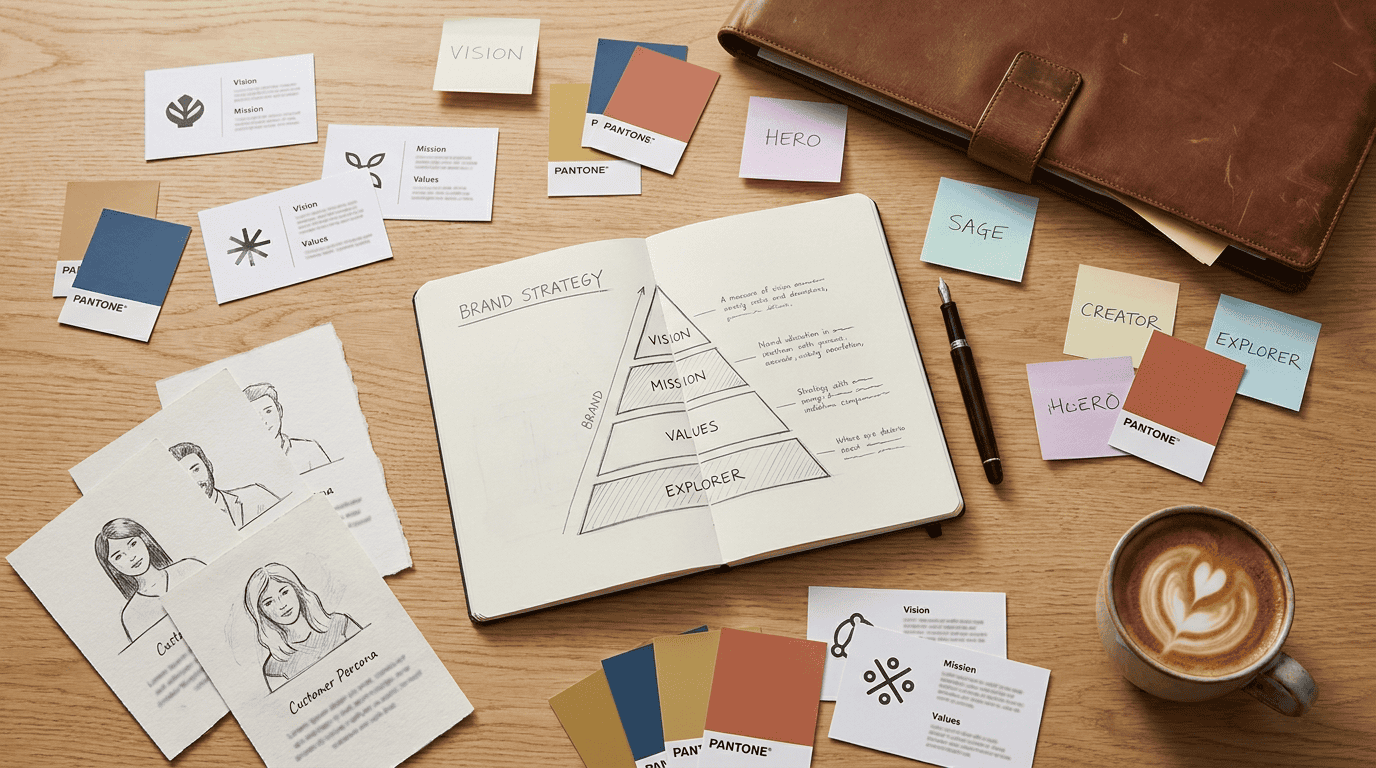 Brand-Strategist-Schreibtisch mit Brand-Pyramid und Markenstrategie-Notizen