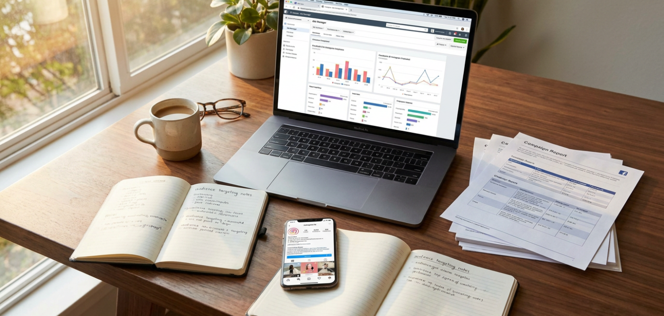 Marketing-Workspace mit Facebook- und Instagram-Ad-Dashboard auf MacBook