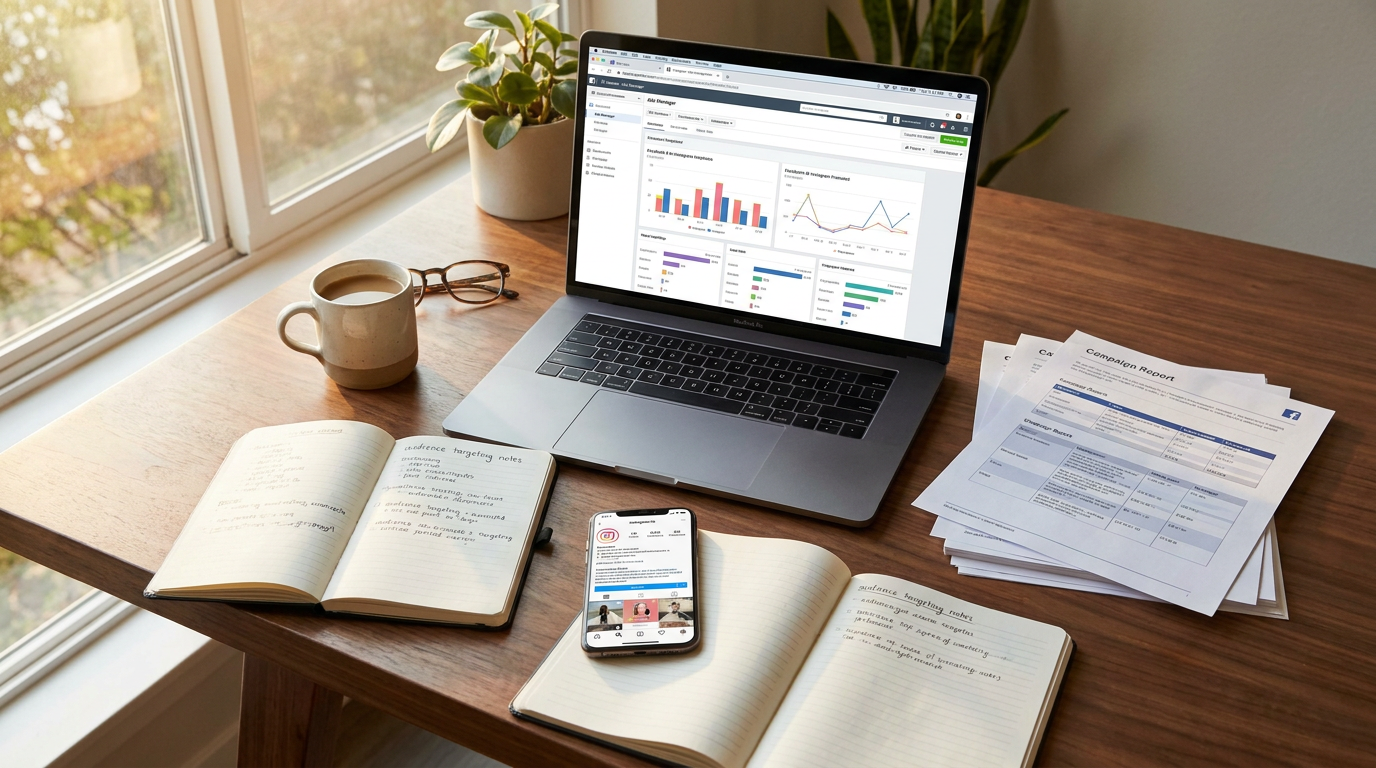 Marketing-Workspace mit Facebook- und Instagram-Ad-Dashboard auf MacBook
