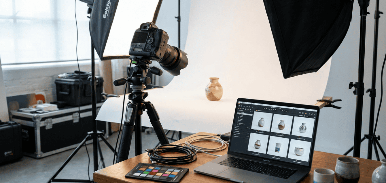 Produktfotografie für E-Commerce 2026: Was Schweizer Shops wirklich brauchen Hero Professionelles Produktfoto-Studio-Setup mit Kamera, Softbox und Produkten