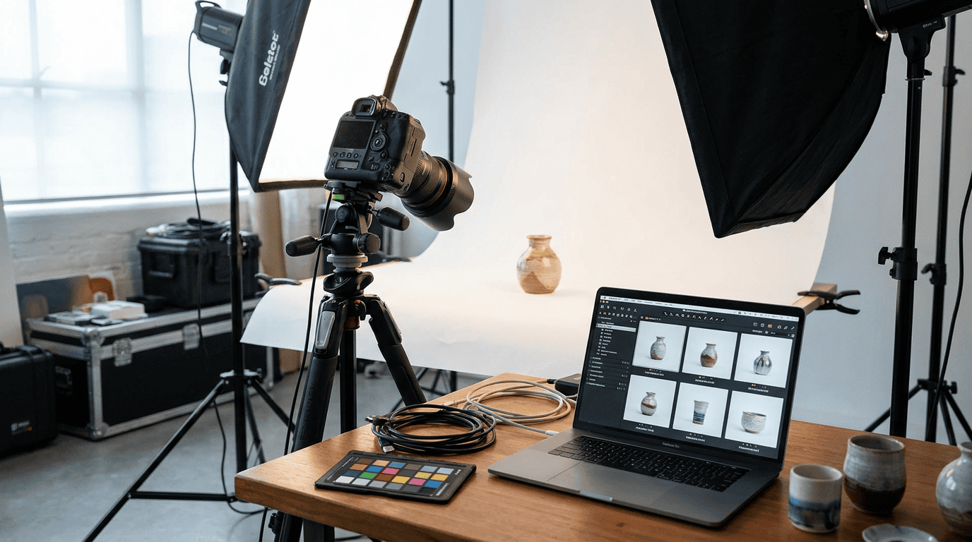 Professionelles Produktfoto-Studio-Setup mit Kamera, Softbox und Produkten