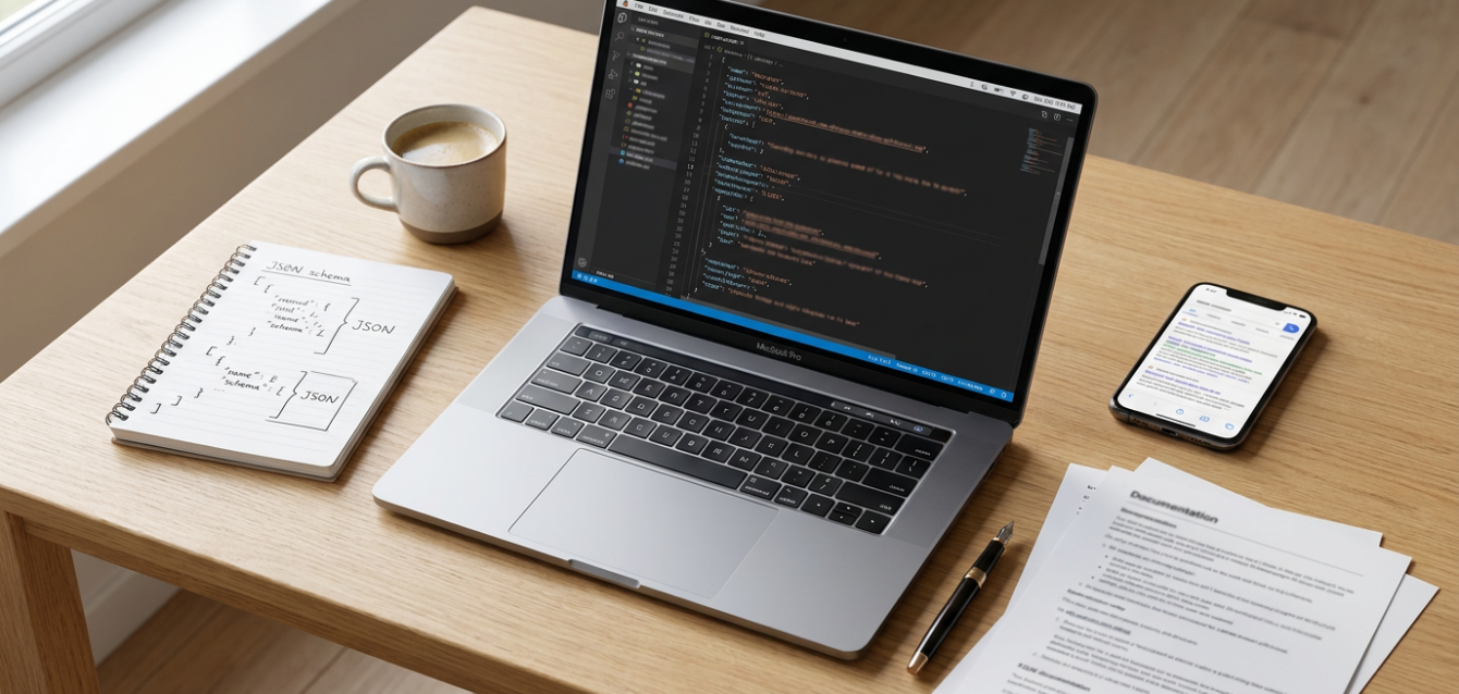Schema Markup Guide für Schweizer KMU: Was 2026 wirklich zählt Hero Web-Entwickler-Schreibtisch mit Schema-Markup-Diagrammen und JSON-LD-Code