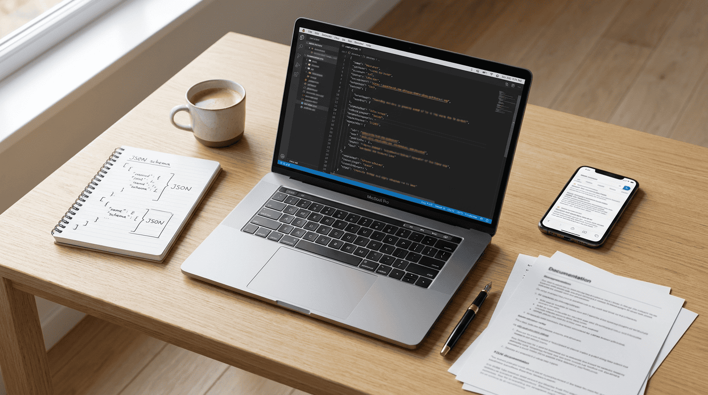 Web-Entwickler-Schreibtisch mit Schema-Markup-Diagrammen und JSON-LD-Code