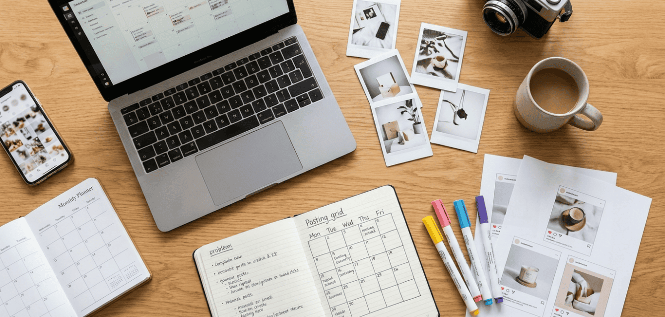 Social Media Kosten 2026 Hero Social-Media-Manager-Schreibtisch mit Content-Kalender, Smartphone und Posting-Materialien