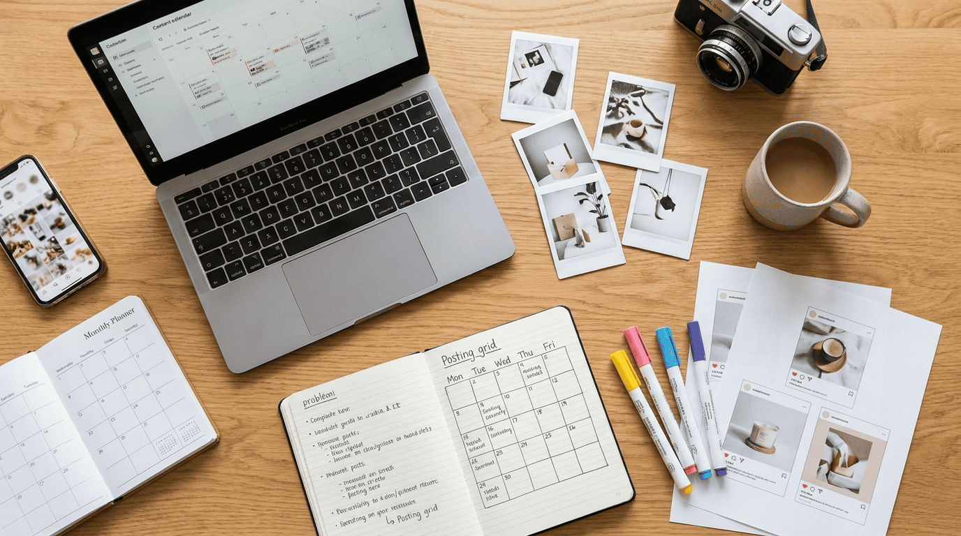 Social-Media-Manager-Schreibtisch mit Content-Kalender, Smartphone und Posting-Materialien