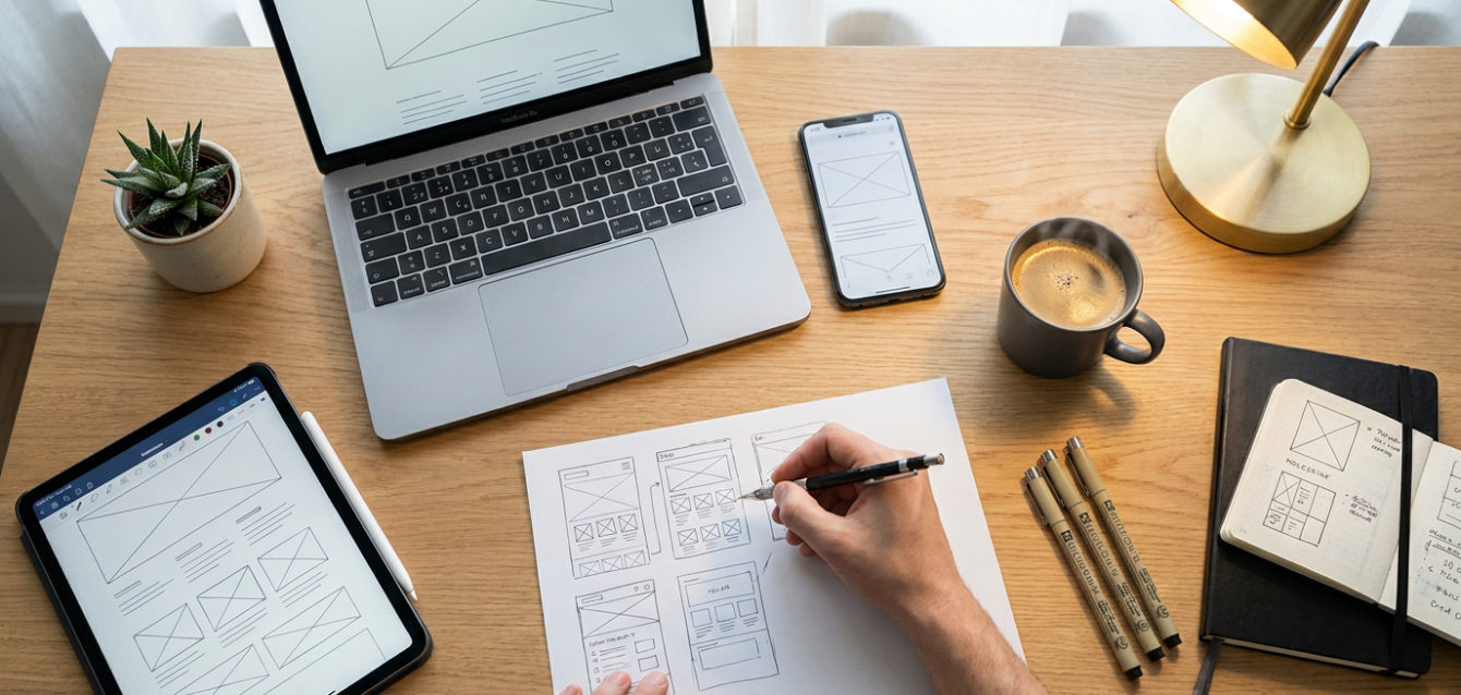 Webdesign Trends 2026 Flatlay Schreibtisch eines Webdesigners mit MacBook, iPhone und iPad mit Website-Wireframes und responsive Design-Skizzen
