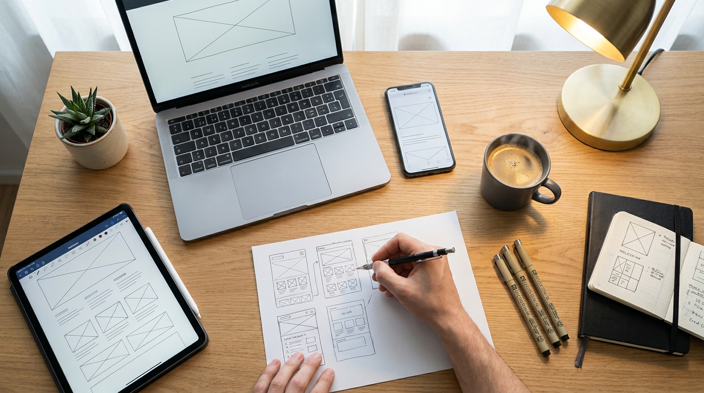Schreibtisch eines Webdesigners mit MacBook, iPhone und iPad mit Website-Wireframes und responsive Design-Skizzen