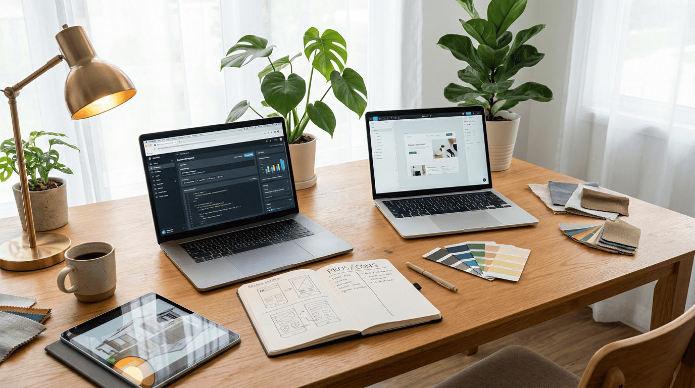 Modern design studio workspace mit zwei Laptops im WordPress vs Webflow Vergleich