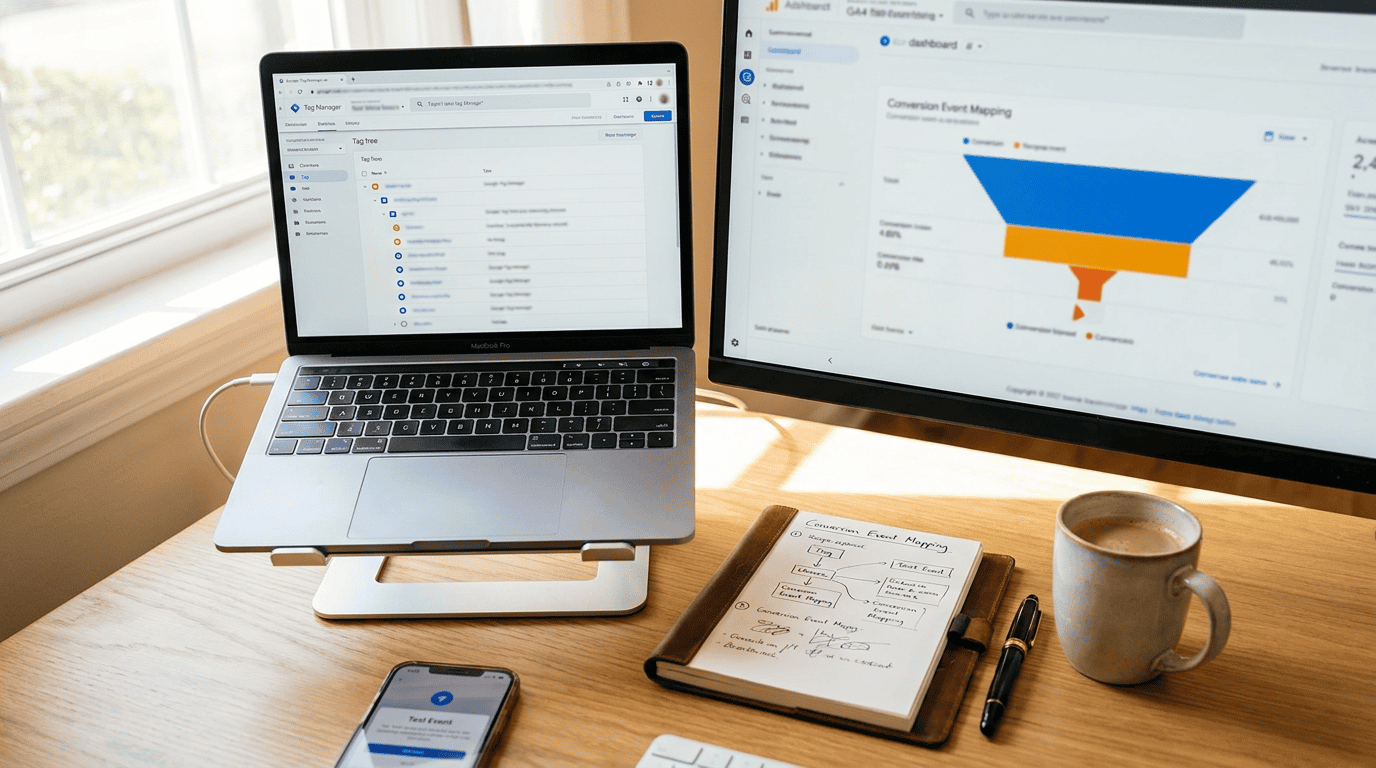 Analytics-Workspace mit Google Tag Manager und GA4 Dashboard