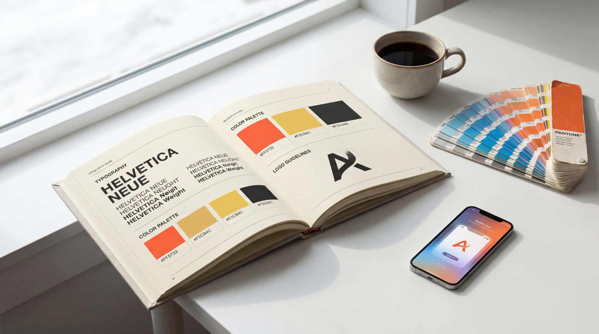 Brand Guidelines Buch mit Farbpalette und Typografie