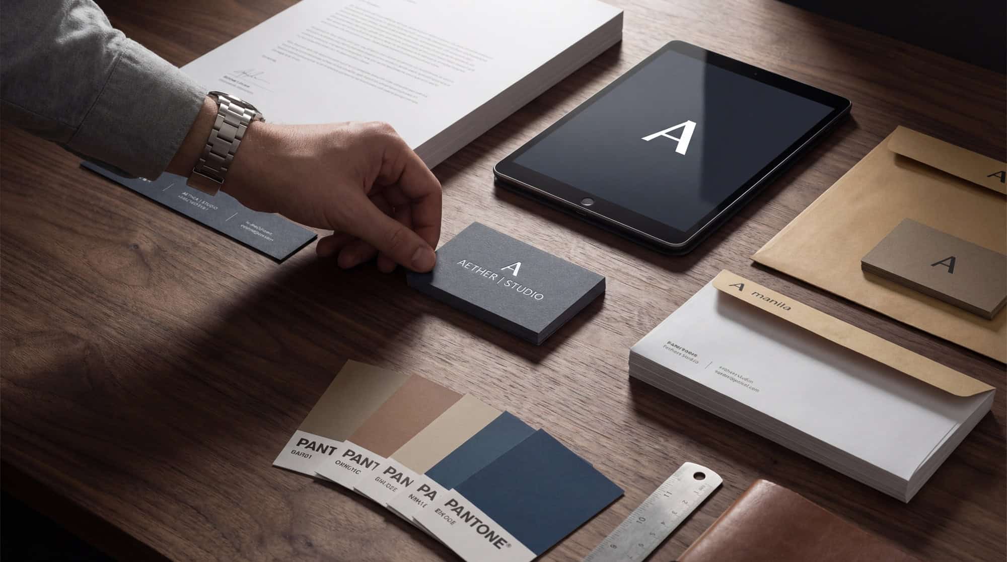 Corporate Stationery Flatlay mit Visitenkarten und Briefpapier