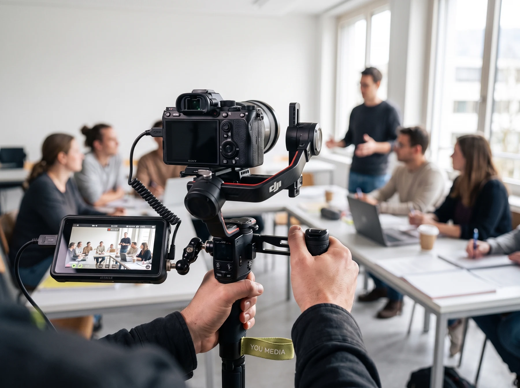 KI-Visualisierung: Kamera auf Gimbal mit Monitor vor einer hellen Tutoratsgruppe
