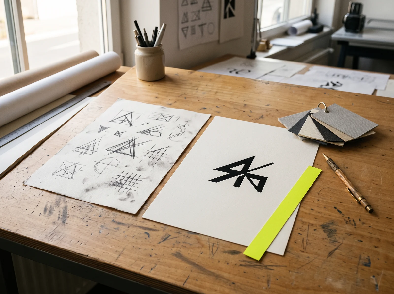 Zeichenstudien und ein ausgearbeiteter geometrischer Entwurf mit Papiermustern.