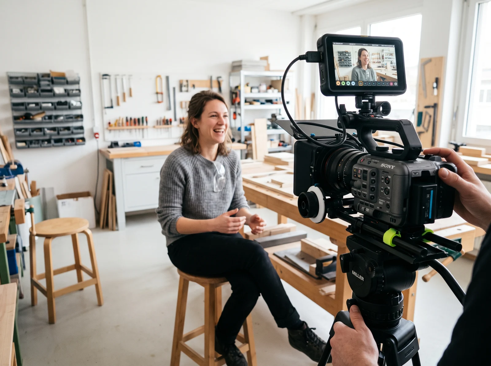 Eine Interviewaufnahme in einer hellen Werkstatt mit Kamera und Kontrollmonitor.